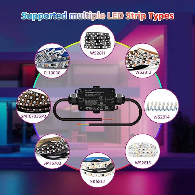 WeGoIOT Waterproof ESP32 WLED Controller with Mic , Project for Pool Boat Landscape Outdoor Lights IP65 Dynamic RGB IC DIY Lighting WiFi APP Control for WS2812B DC5-24V RGBW LED Controller (1 Channel)