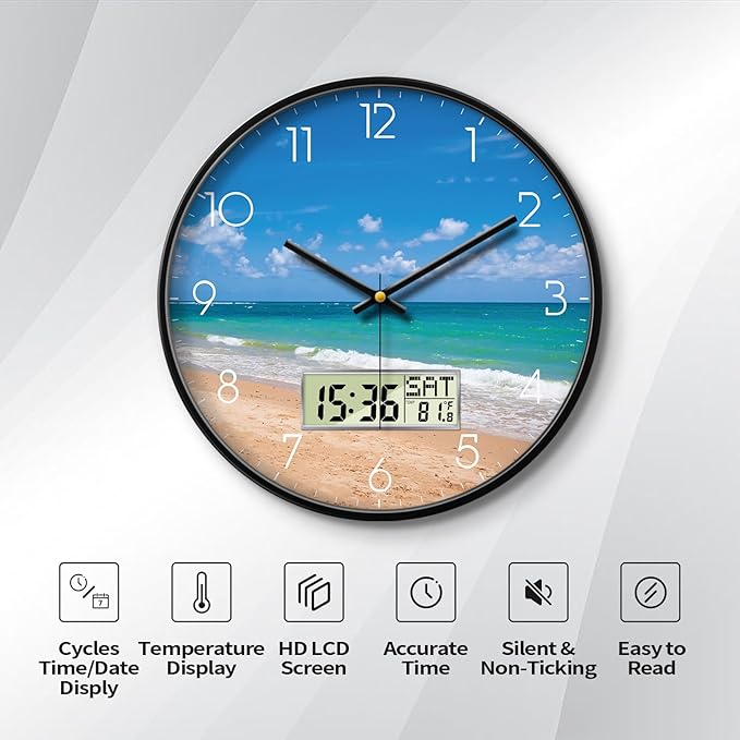 Modern Wall Clocks with Calendar and Date Ocean Wave Sea Beach Digital Clock Large Display Non-ticking Kitchen Silent Clock With Day and Temperature for Elderly Farmhouse Living Room Bathroom 12 Inch
