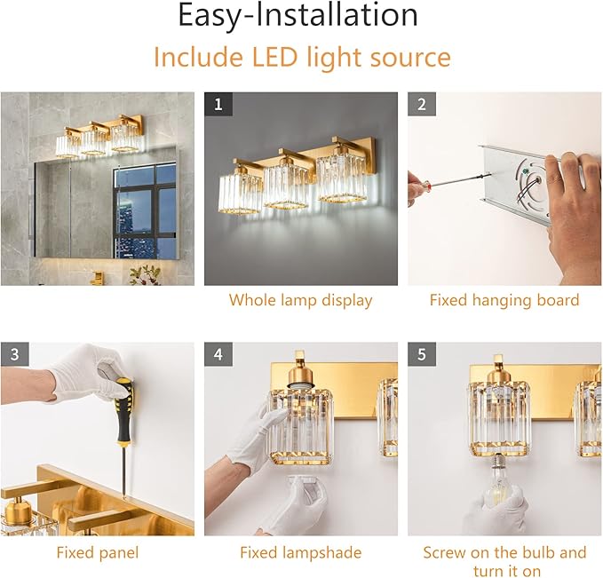 FDPBY Modern Bathroom Vanity Light 3-Lights Gold Crystal Bathroom Wall Light Vanity Light Fixtures，20.47-inch Modern Minimalist Design