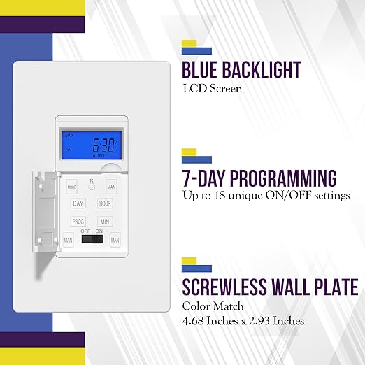 ENERLITES 7 Days Digital in-Wall Programmable Timer Switch for Lights, Fans, and Motors, Neutral Wire Required,7-Day 18 ON/Off Timer Settings, with Blue Backlight, UL Listed, HET01, White, 2 Pack