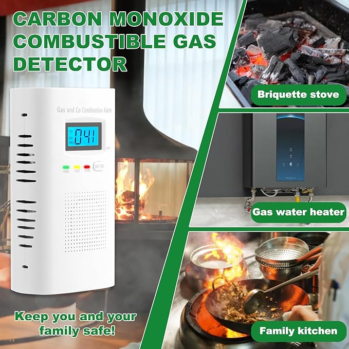 Combination Gas and Carbon Monoxide Detector Plug-in | CO Alarm & Natural Gas Combustible Detector | Digital Display, Battery Backup, Easy Install | for Home Kitchen Safety Monitoring 2-Pack