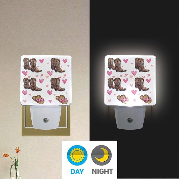 Pigsaly Led Night Light Cowgirl Hat Boots Pink Bow Hearts Night Light Plug in Wall Lamp Smart Dusk to Dawn Sensor Nightlight Led Lamp Energy Saving Lights Gift for Kids Room Bedroom Bathroom Hallway