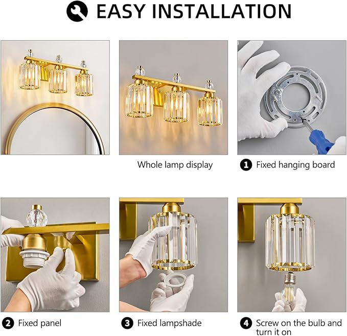 FDPBY Bathroom Vanity Lights 3-Light Gold Modern Crystal Vanity Light Fixtures Over Mirror Crystal Bathroom Vanity Lighting Fixtures