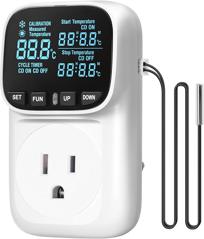 WILAWELS Digital Temperature Controller Outlet, 15A/1800W Heavy Duty Thermostat Plug, VA LCD Display, Heating/Cooling Control, -40°F~210°F, 4 Timer Modes, for Greenhouse Incubator Homebrew W01TC06