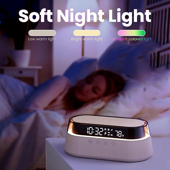 KUANGXIANG 6-in-1 Bluetooth Speaker Alarm Clock with Remote, 15W Fast Wireless Charger, FM Radio & Dimmable LED Night Light, Dual Digital Clock for Bedroom Home Office, Ideal for Him, Men Women