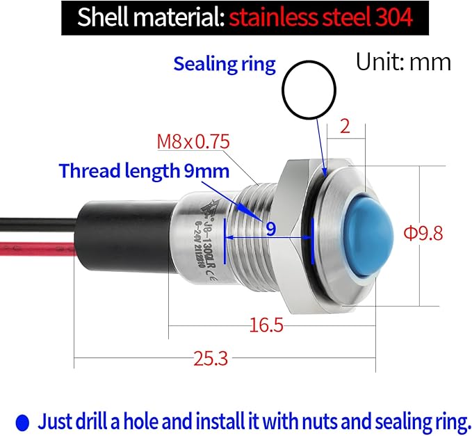 ZGSZJHF UL Listed Mini Indicator Light 8mm 0.31" Waterproof Domed Metal Stainless Steel Signal Lamp 12V-24V DC/AC Red and Green LED Light with 140mm Wire