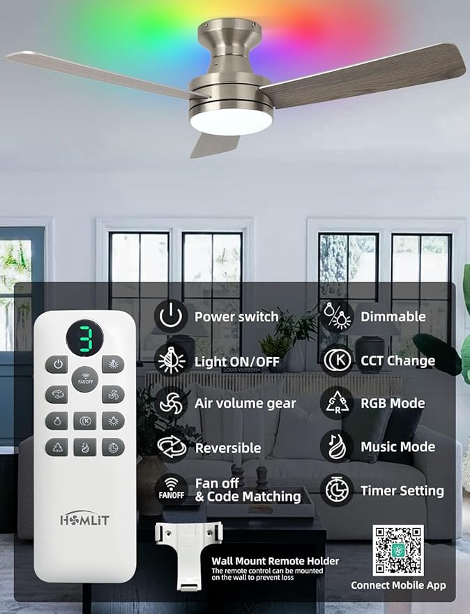 Homlit 42 inch RGB Ceiling Fan with Light, Smart App & Remote Control Low Profile Flush Mount, Music Sync Lighting, 6-Speed Quiet Reversible DC Motor, 4CCT Dimmable for Home Office Party