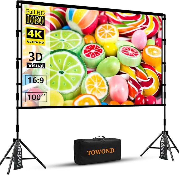 TOWOND Projector Screen with Stand, 100 inch Outdoor Projector Screen Portable Indoor Projection Screen 16:9 4K Rear Front Movie Screen with Carry Bag for Home Backyard Theater