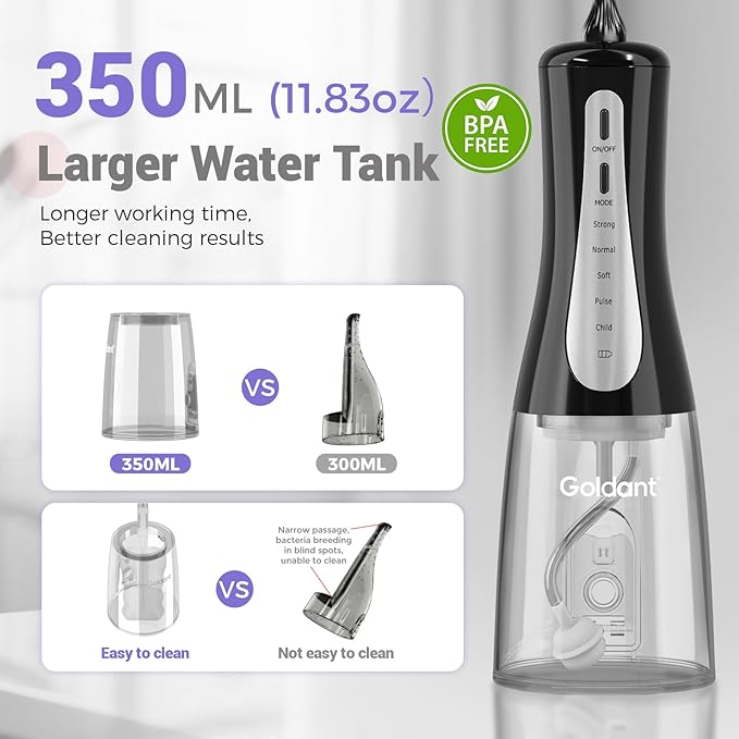GOLDANT 350ML Water Dental Flosser Teeth Pick with Travel Bag, 5 Modes Portable Cordless Oral Irrigator Cleaner, Electric Rechargeable IPX7 Waterproof for Home Travel Teeth Cleaning flossing(Black)