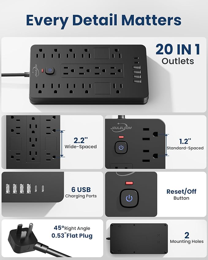 JouleLoom Surge Protector Power Strip-14 Outlets and 6 USB Ports, 10 Feet Flat Plug Extension Cord, 1850 Joules, Black, ETL Listed for Home, Office, Dorm Room