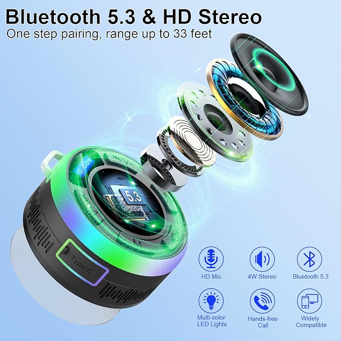 Shower Bluetooth Speaker IPX7 Waterproof, Portable Bluetooth Speakers with Suction Cup and Time Display, Crystal Sound&Bass LED Light 1100mAh, Wireless Shower Speaker for Outdoor/Kayak/ Gifts/Beach