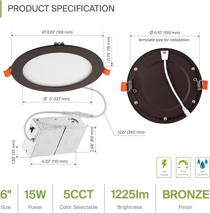 ASD 1 Pack LED Recessed Lighting 6 Inch 15W, 5 CCT 2700K-5000K CRI90+, IC Rated Ultra Thin Dimmable Ceiling Lights with J Box, Canless Wafer Downlight, Round Slim Panel Light, UL Energy Star, Bronze