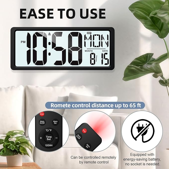 XREXS Large Digital Wall Clock Battery Operated with Backlight, 15" LED Large Display Timer with Temperature Date Week Auto DST Adjustable Brightness, Alarm Clock for Classroom, Livingroom, Office