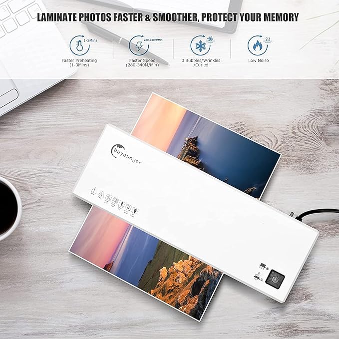 Buyounger Laminator Machine with 40 Laminating Sheets, A4 Laminator Thermal and Cold with Paper Trimmer & Corner Rounder, 9-Inch Laminating Machine for Home School Office