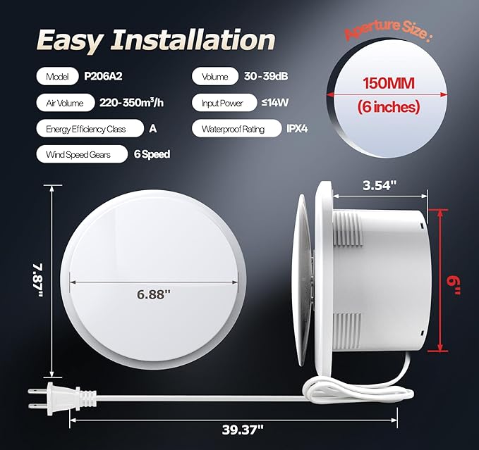 RUBBUL 6 inch Bathroom Exhaust Fan with Remote 2 Way 6 Speed Upgraded Powerful Low Noise Vent Fan 3000RPM DC Motor Energy Saving Household Ventilation Fans for Attic Basement Garage Washroom VP206A29
