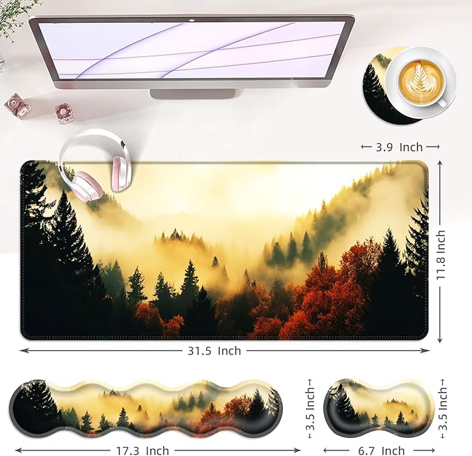 BFUKVOU Large Keyboard Mouse Pad Set, Extended Mouse Pad+Keyboard Wrist Rest Support, Memory Foam Ergonomic Easy Typing, 4Pcs (31.5×11.8 in) Desk Pad Set for Office Home,Nature Misty Forest