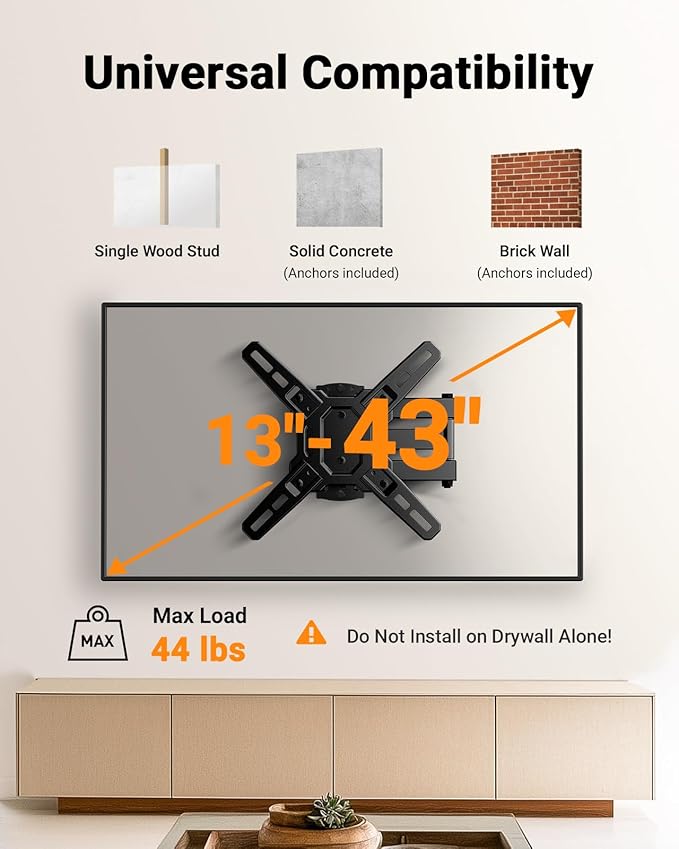 Perlegear Full Motion TV Wall Mount Bracket for Most 13-43 Inch LED LCD Flat Curved Screen TVs & Monitors, Swivel Tilt Extension with Articulating Arms, Max VESA 200x200mm up to 44lbs