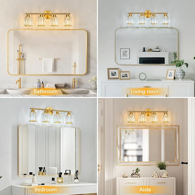 FDPBY Modern 4 Light Crystal Vanity Light, Brushed Gold Vertical Bathroom Light Fixture Over Mirror for Dressing Table Sink, Compatible with Dimmable Bulbs (Bulbs Not Included)