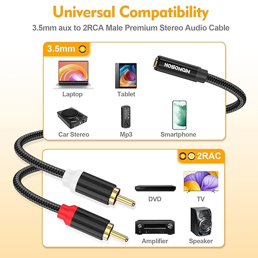 HOSONGIN RCA to 3.5mm Female Adapter (6-Inch) 2 Pack - Gold Plated Audio Converter for Headphones, Turntables, Car Stereos & Streaming - Connect Old School Gear to Modern Devices