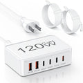 USB C Charger Block,120W GaN 6 Port Type C Fast Charging Station Hub,5FT Cord USB C Wall Charger Adapter Plug for iPad, iPhone 17, 16, 15, 14, 13, 12 Pro Max, Pixel, Galaxy and More