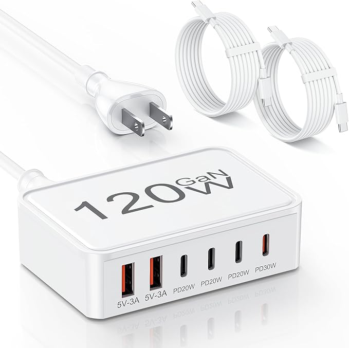 USB C Charger Block,120W GaN 6 Port Type C Fast Charging Station Hub,5FT Cord USB C Wall Charger Adapter Plug for iPad, iPhone 17, 16, 15, 14, 13, 12 Pro Max, Pixel, Galaxy and More