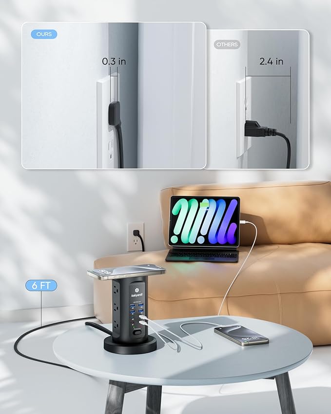 Kakyanill 115W USB Charging Station, Surge Protector Power Strip Tower, 9 AC Outlets with 8 USB Ports(4 USB-C), 6Ft Flat Plug Retractable Extension Cord, for Home Office Dorm, Black