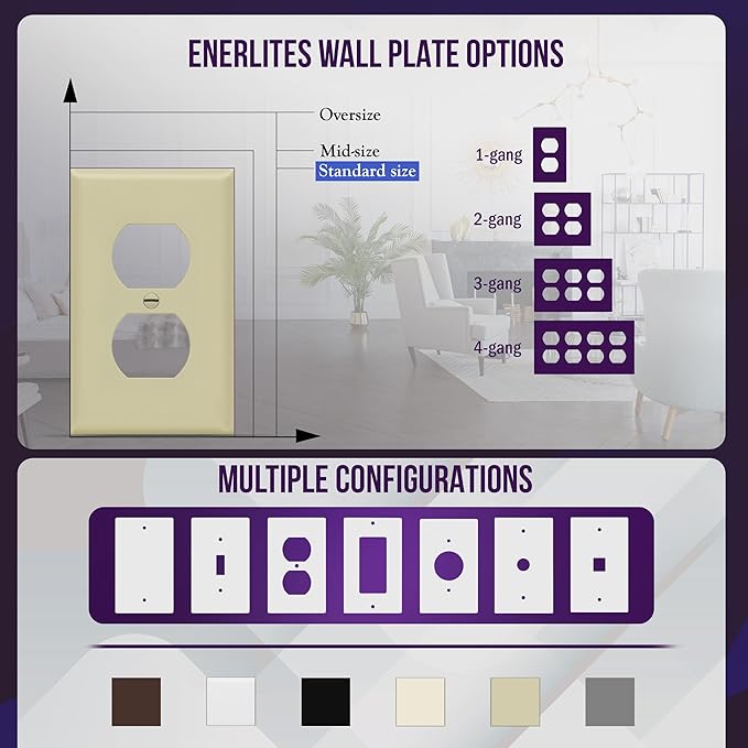 Duplex Wall Plates Kit by Enerlites 8821-I Home Electrical Outlet Cover, 1-Gang Standard Size, Unbreakable Polycarbonate Material, Ivory- 10 Pack Dual Port Replacement Receptacle Faceplates