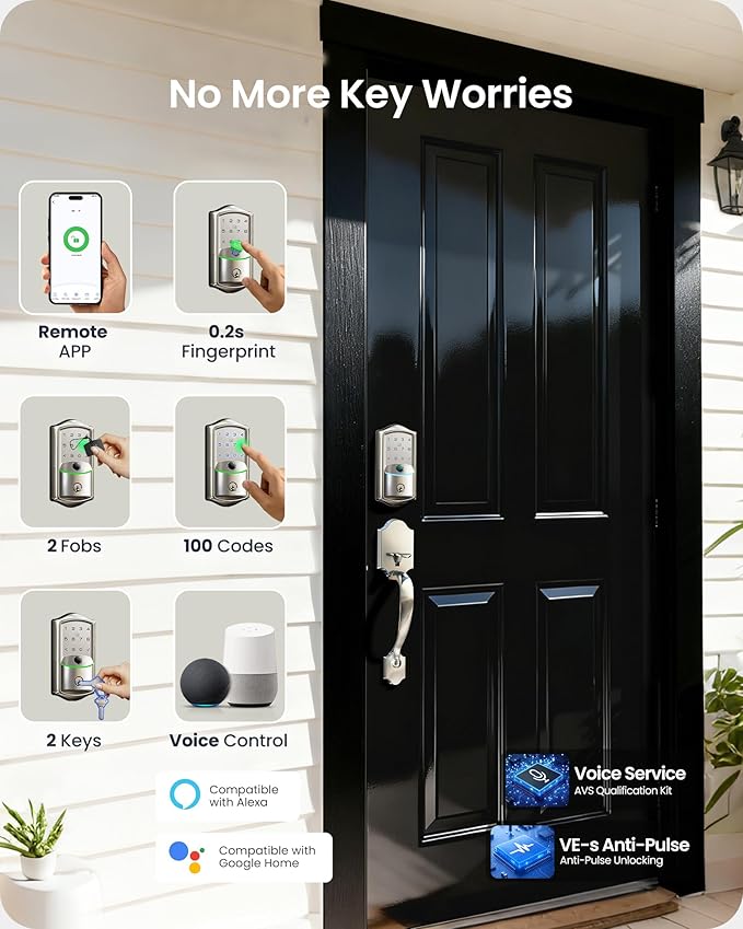 Veise VE027-H Built-in Wi-Fi Fingerprint Smart Deadbolt Lock with Handleset, App Remote & Voice Control, Keyless Entry Front Door Lock Set, Touchscreen Keypad, Auto-Lock, Easy Setup, Satin Nickel