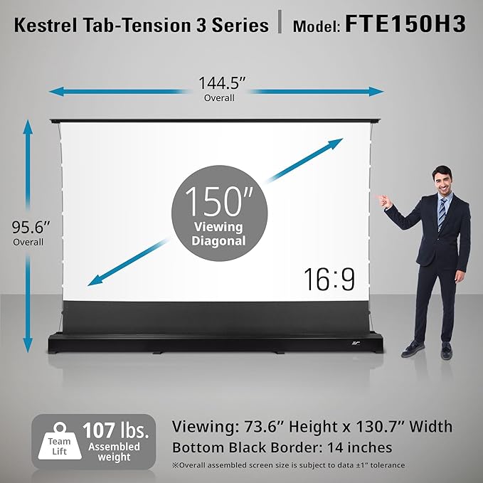 Elite Screens Kestrel Tab-Tension 3 CineWhite, 150 inch 16:9 Aspect Ratio, ISF Certified, Electric Floor-Rising Motorized Tab-Tensioned Front Projector Screen, Programmed Remote Kit, FTE150H3