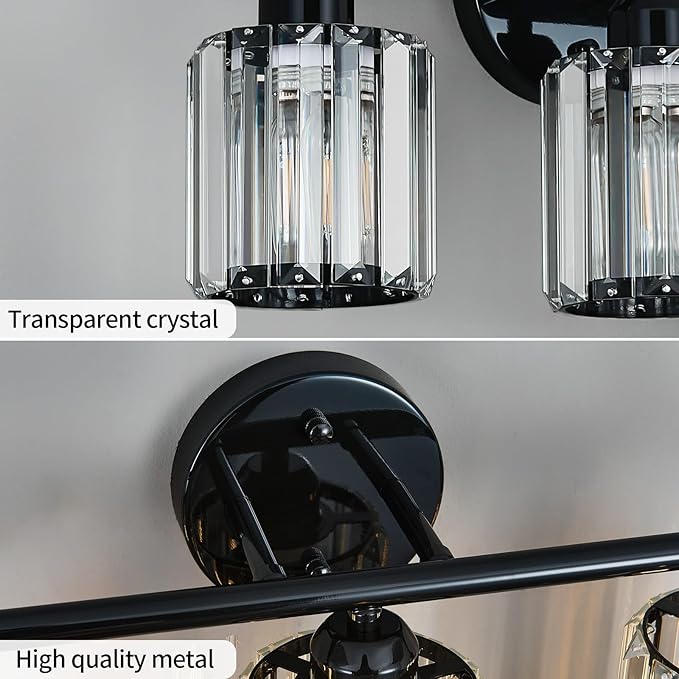 FDPBY Modern 3 Light Crystal Vanity Light, Plating Black Vertical Bathroom Light Fixture Over Mirror for Dressing Table Sink, Compatible with Dimmable Bulbs (Bulbs Not Included)