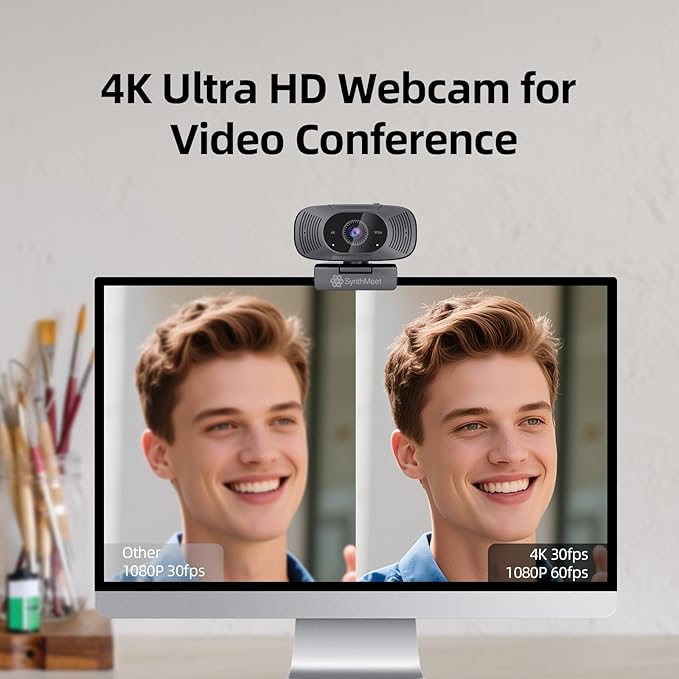 SynthMeet 4K Webcam for PC, 1080P@60FPS, 4K Camera with Noise-reducing Microphone, 92°FOV, 8MP USB Webcam Plug and Play, Privacy Cover, Works Perfect for Meeting Platform Zoom/Teams/Skype/Google Meet