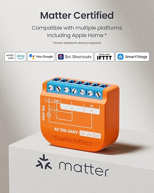SwitchBot Matte Relay Switch 1PM, WiFi Switch Compatible with Alexa/Apple Home/Google Home, Power-Measuring Relay Switch Module with Integrated Bluetooth Repeater, Bluetooth & Wi-Fi 2.4 GHz, 16 A
