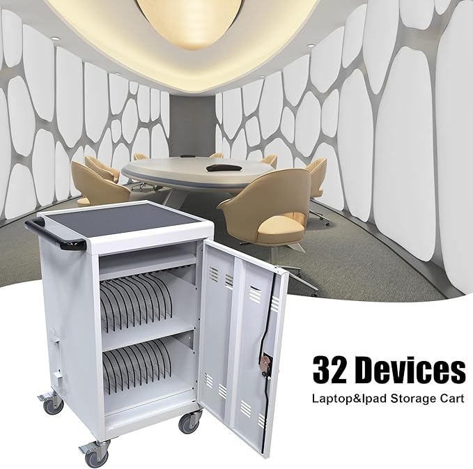 Aokleo 32 Devices Laptop Charging Cart, Tablet Storage Carts for Pad Up to 16.3" Screen Size, Classroom Computer Mobile Charging Station for Pads,Chromebooks,Laptops,Security Storage (White)