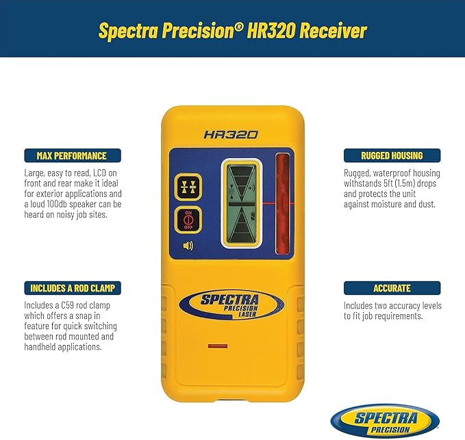 Spectra Precision HR320 Laser Receiver with Rod Clamp – Dual LCD, 2-In Capture Height, IP67 Drop Resistant, 70-Hour Runtime – 100 DB speaker