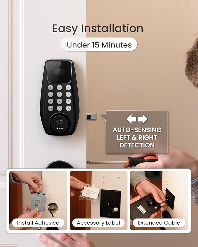 DESLOC C100 Plus Built-in WiFi Smart Lock, Keyless Entry Door Lock with Display, Keypad Deadbolt for Front Door, App Remote Control, Anti-Peeping Password, BHMA Grade 3, Black