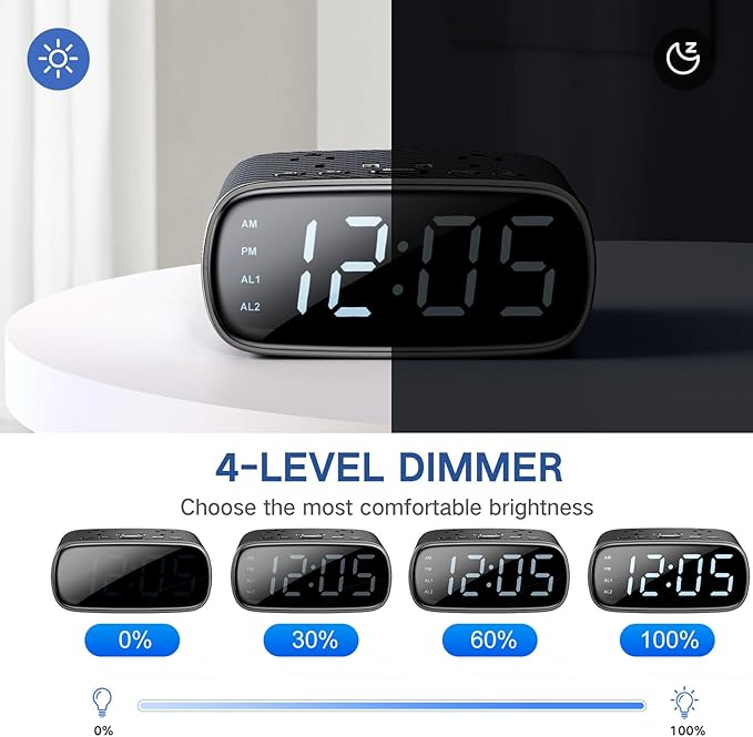 XBA Digital Alarm Clock with 20W USB C Ports, Dual Alarm Clock Power Strip with 2 AC Outlets, 4 USB Charging Ports, Dimmable Snooze Desk Clock with 6FT Cords for Bedrooms,Travel, Black