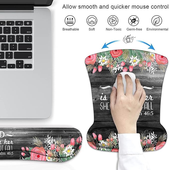 Ergonomic Mouse Pad Wrist Support and Keyboard Wrist Rest Set with Coasters, Non-Slip PU Base, Easy Typing and Relieve Wrist Pain for Home Office Working Studying, Floral Quote Bible Verses Psalm 46:5