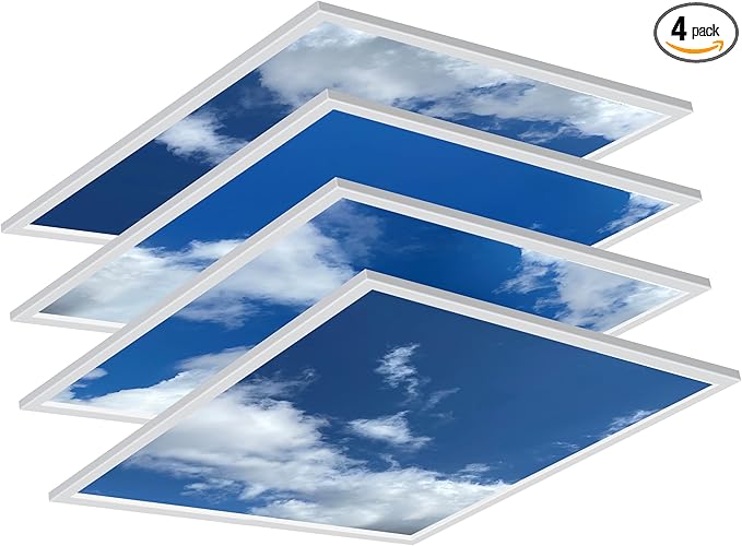4 Pack 2x4 LED Flat Panel Light Drop Ceiling Fixture with Cloud Design, 7000LM Tunable 20W-40W, 3000K-6500K 0-10V Dimmable Skylight Recessed Fixture for Office Shop, ETL & DLC 24x24 Inch LED Panel
