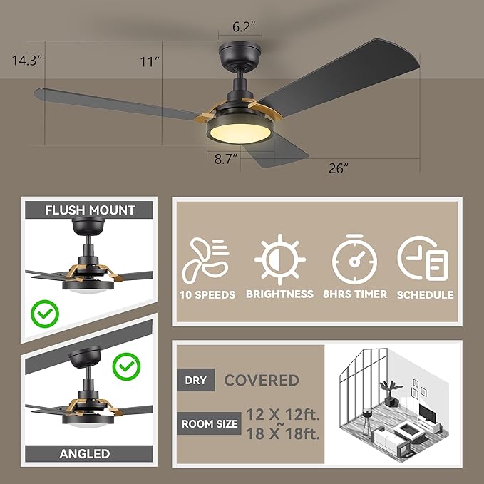 SMAAIR 52 Inch Smart Wifi Ceiling Fans with Dimmable LED Lights and Remote, Compatible with Alexa/Google Home/Siri/APP, Outdoor DC Fans with 10 Speeds, Timer/Schedule,Black/Gold