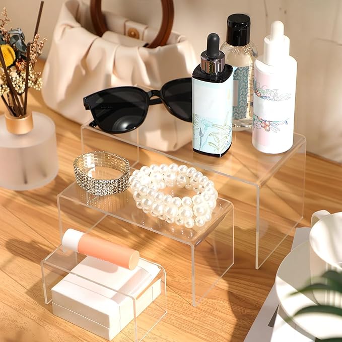 Chuangdi 2 Sets Acrylic Display Risers, Product Stand, Jewelry Display Riser Shelf Showcase Fixtures for Dessert Cupcake Candy Figure Treat Action Showcase(Clear,Large Set)