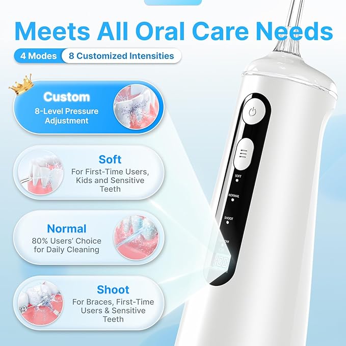 Water Flosser for Teeth, Cordless Oral Irrigator Portable Dental Cleaner Picks with 8 DIY Modes 7 Jets 300ml Tank Braces Flossers Rechargeable (White)