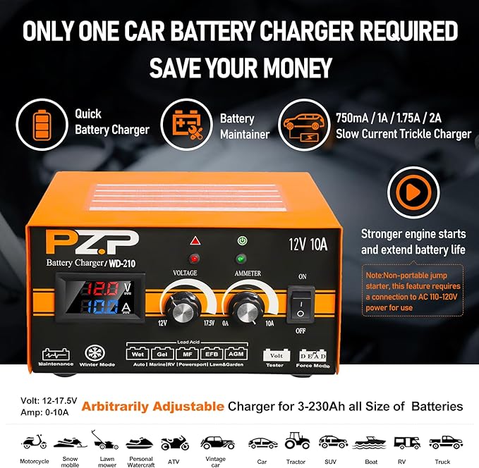 PZP 12V Manual Battery Charger Maintainer, 0 to 10A Arbitrarily Adjustable Car Battery Trickle Charger, Battery Desulfator with Repair, Winter Mode, Suitable for Lawn Mower, AGM, Deep Cycle Batteries
