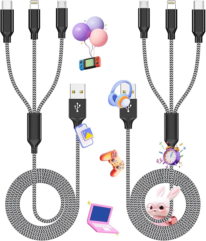 Firsting Multi Charging Cable,(2Pack 4FT) 3 in 1 Charging Cable for Multiple Devices, Nylon Braided Universal Charger Phone Charger Cord with Type-C,Micro USB,IP Port for iPhone16/15 Series/Phone&Pad