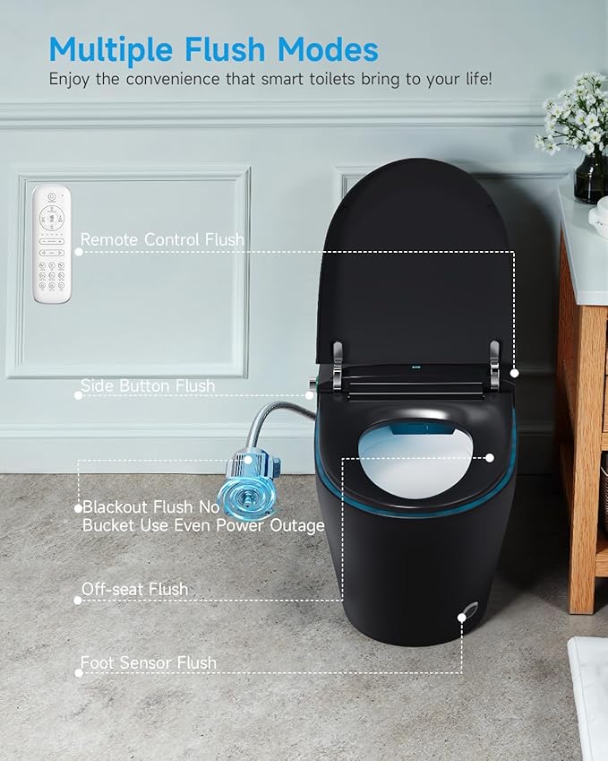 WANSID Black Smart Toilet with Bidet Built In, Auto Open/Close Lid, Heated Seat, Warm Wash & Dryer, Night Light, Soft-Close,Modern Elongated Tankless One Piece Toilets, 1.28 GPF