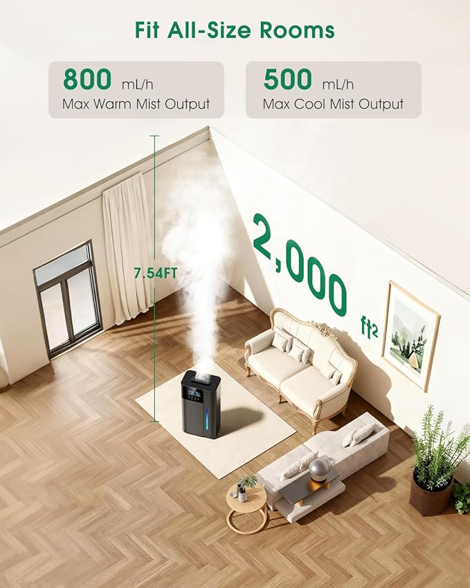 18L/4.7Gal Smart Humidifier Large Room, Warm & Cool Mist Humidifiers, Up to 2500 sq ft Whole House Coverage, 800mL/h Output, 24H Timer, Top Fill, 70H Runtime, Humidifier for Bedroom, Home, Office