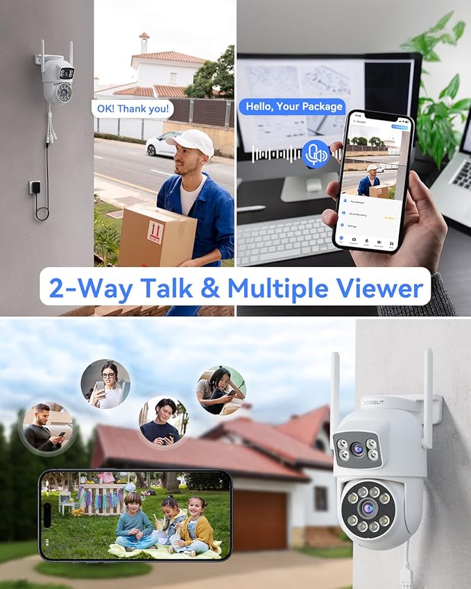VORGUT Security Camera Outdoor Wireless, Dual Lens 2K (3MP+3MP) 355° PTZ Home Security WiFi Camera Outside Surveillance Indoor, 2.4G WiFi, PIR Human Detection, Auto Tracking, Color Night Vision, White