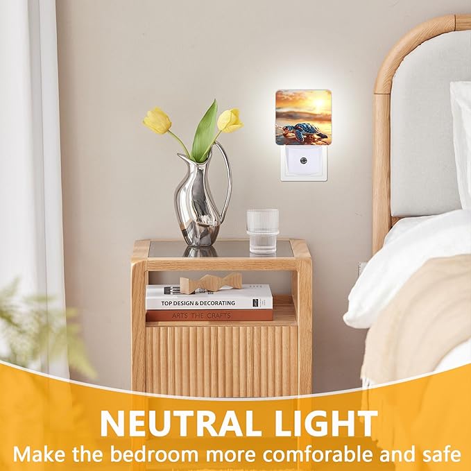 GANTINIR Sea Turtle Beach Sunrise Night Light, Plug-into Nightlight White LED Lamp, Energy Efficient Decor Desk Lamp for Bedroom Hallway Stairs Bathroom