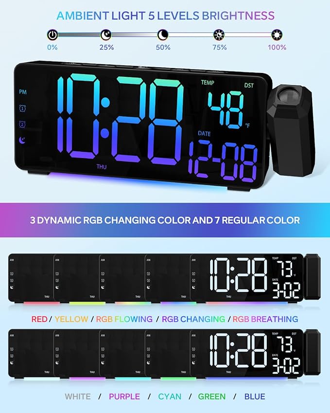 EVILTO Projection Alarm Clocks, RGB Desk Clock with 180° Rotatable Projector 15 Color Display, Date Temperature and Weekday, DST, Snooze, Ambient Lighting for Living Room,Bedroom Bedside Office Decor