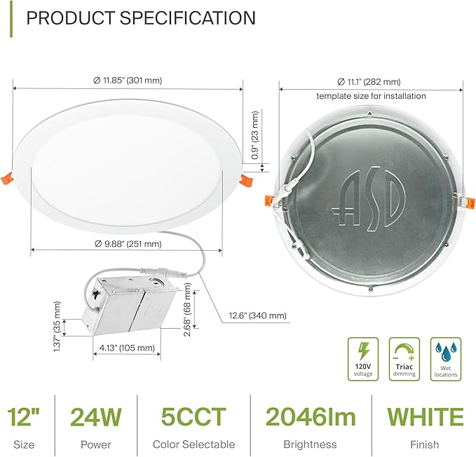 ASD 1 Pack 11/12 Inch LED Recessed Lighting 24W, 5 CCT 2700K-5000K CRI90+, IC Rated Ultra Thin Dimmable Ceiling Lights with J Box, Canless Wafer Downlight, Round Slim Panel Light, UL Listed, White