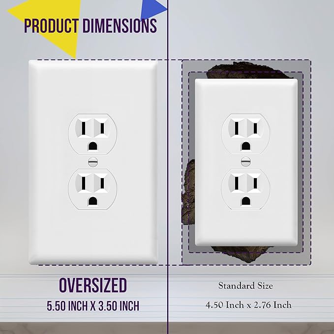 ENERLITES Jumbo Duplex Receptacle Outlet Wall Plate, Electrical Outlet Covers, Gloss Finish, Over-Size 1-Gang 5.5" x 3.5", Polycarbonate Thermoplastic, 8821O-W-10PCS, White (10 Pack)